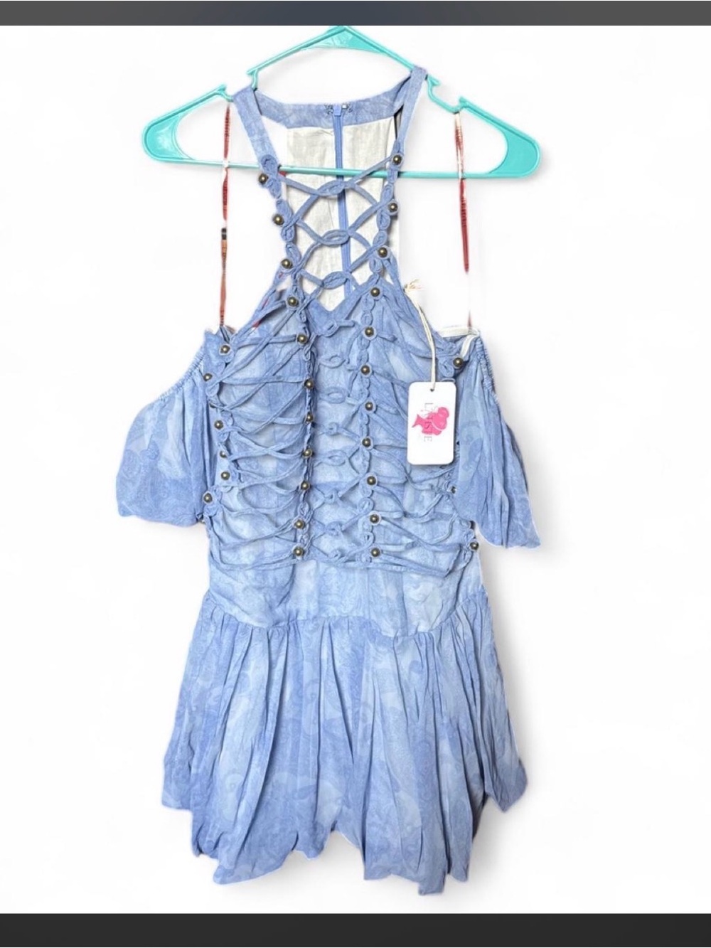 L'ATISTE Light Blue Lace-Up Cold Shoulder Fairy Dress